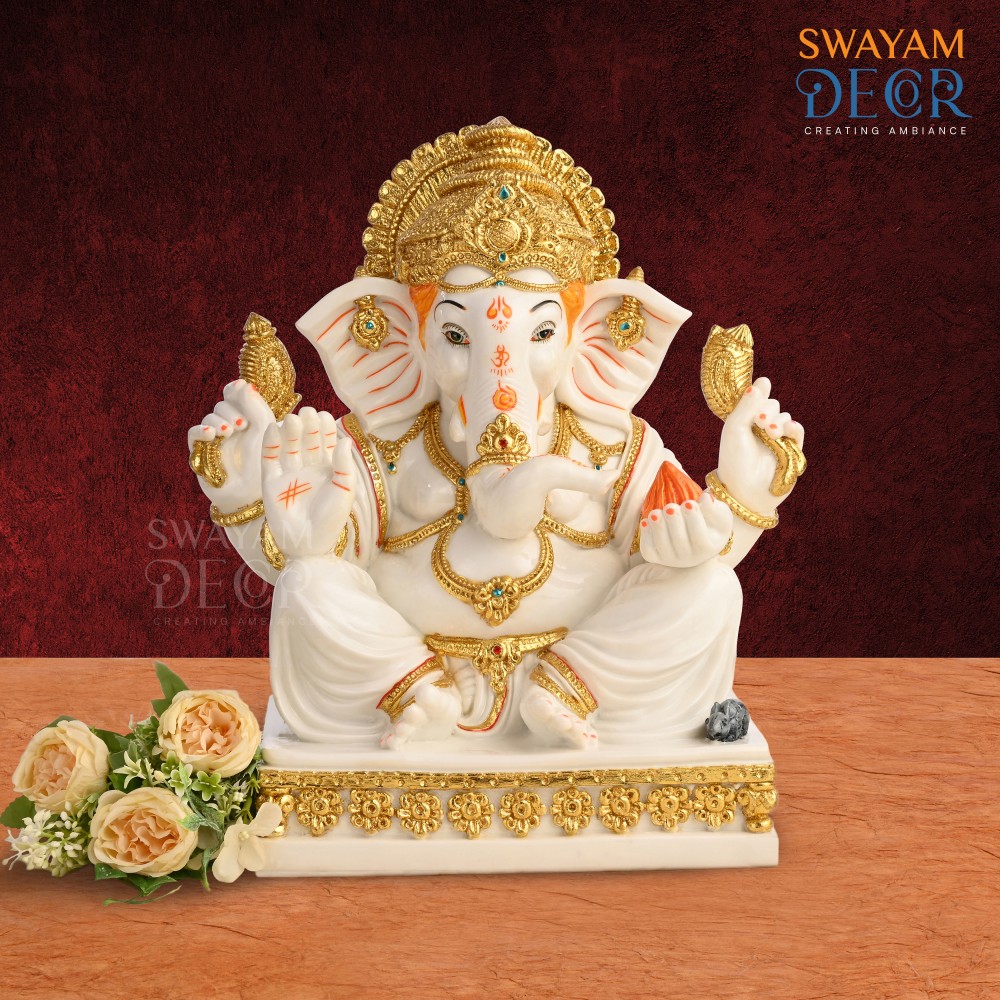 Gleaming Ganesha Idol - White Polyresin with Varak Gold