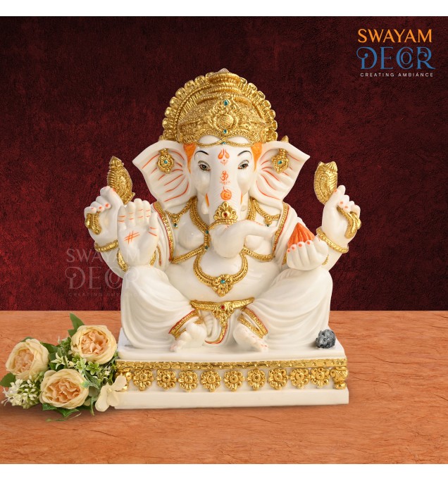 Gleaming Ganesha Idol - White Polyresin with Varak Gold