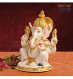 Gold Foil Ganesh Idol - Crystal White Polyresin with Varak Gold Coating 