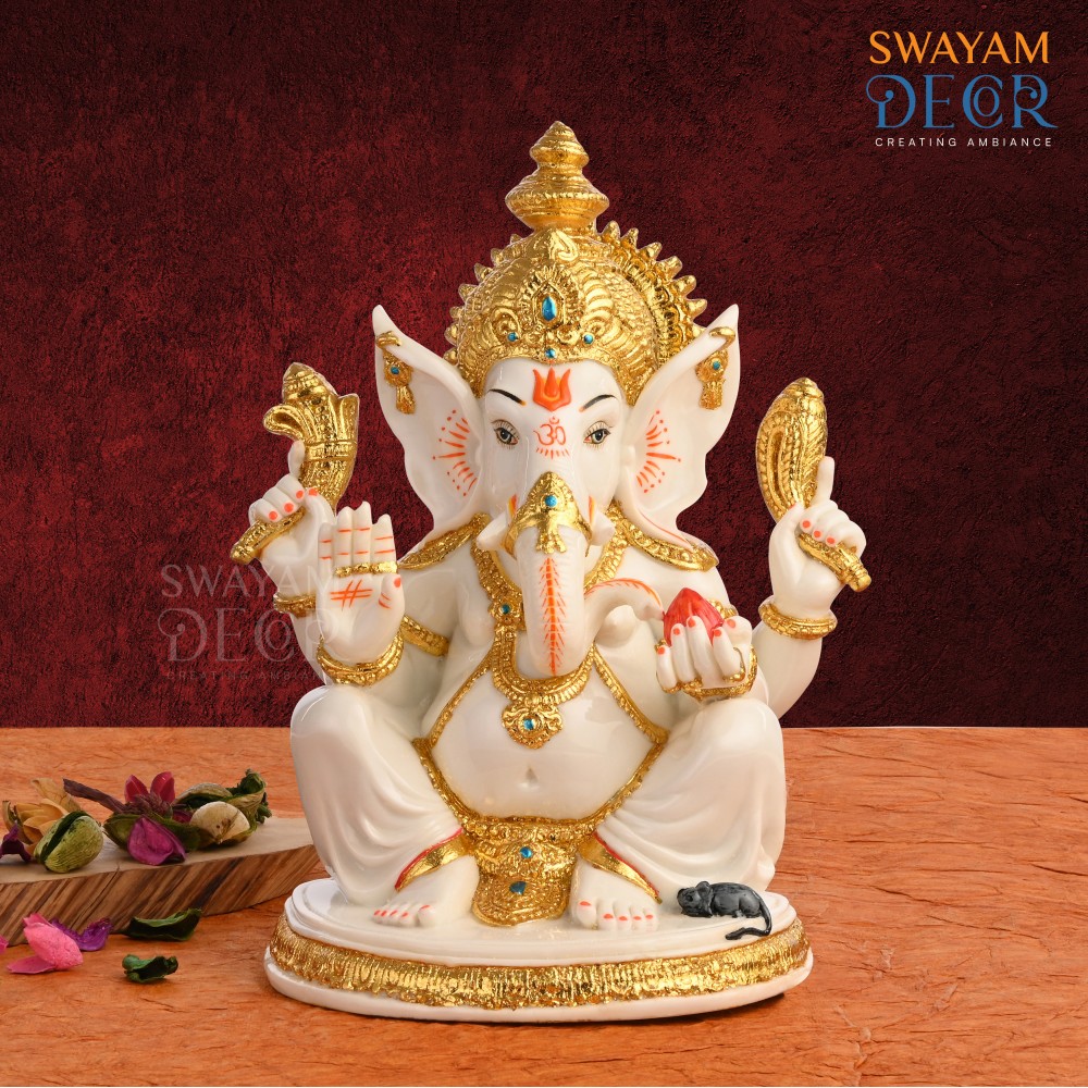 Gold Foil Ganesh Idol - Crystal White Polyresin with Varak Gold Coating 