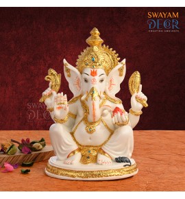 Gold Foil Ganesh Idol - Crystal White Polyresin with Varak Gold Coating 