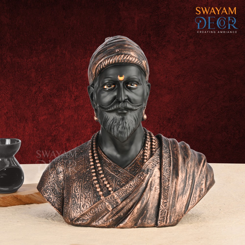 Majestic Shivaji Sculpture with Intricate Gold Work in Black Finish