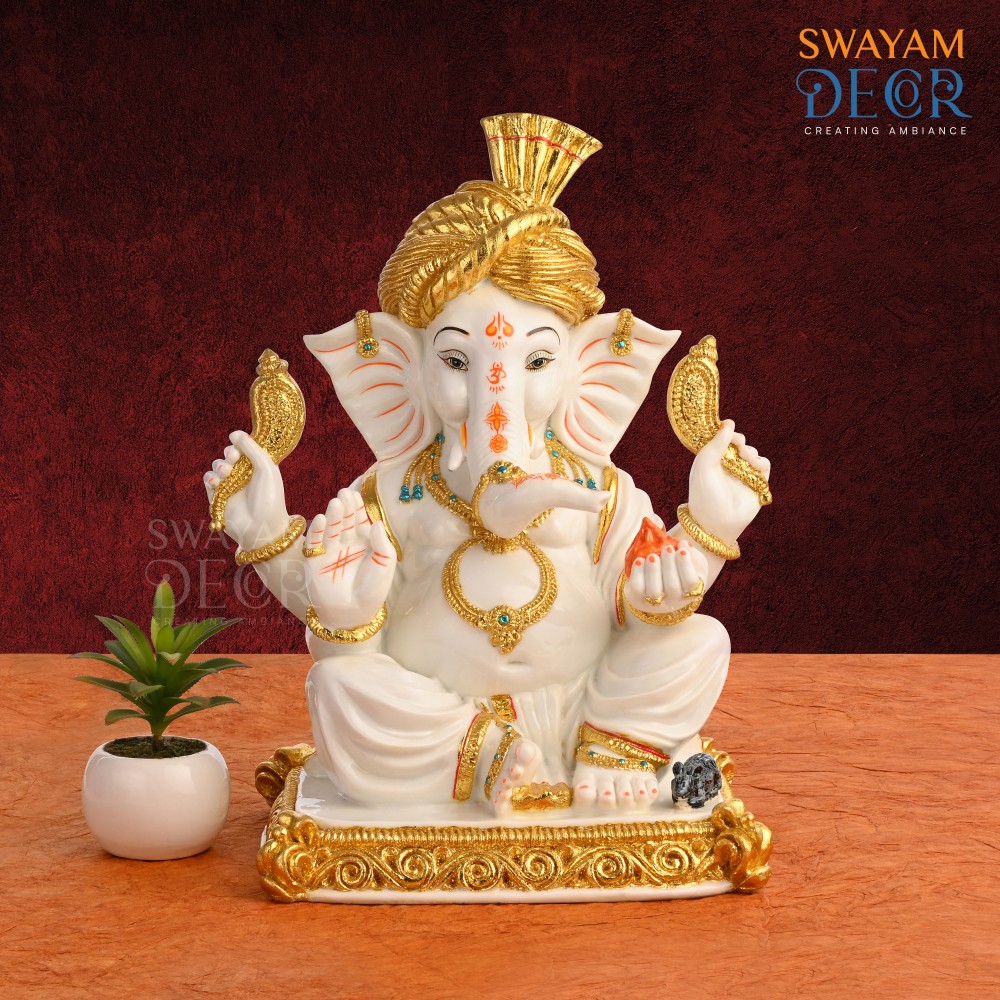 Enchanting Ganesh - White Polyresin with Varak Gold