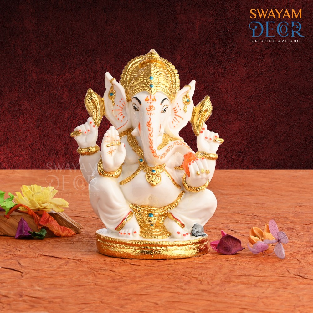 Premium Ganesh - White Finish with Varak Gold Coating