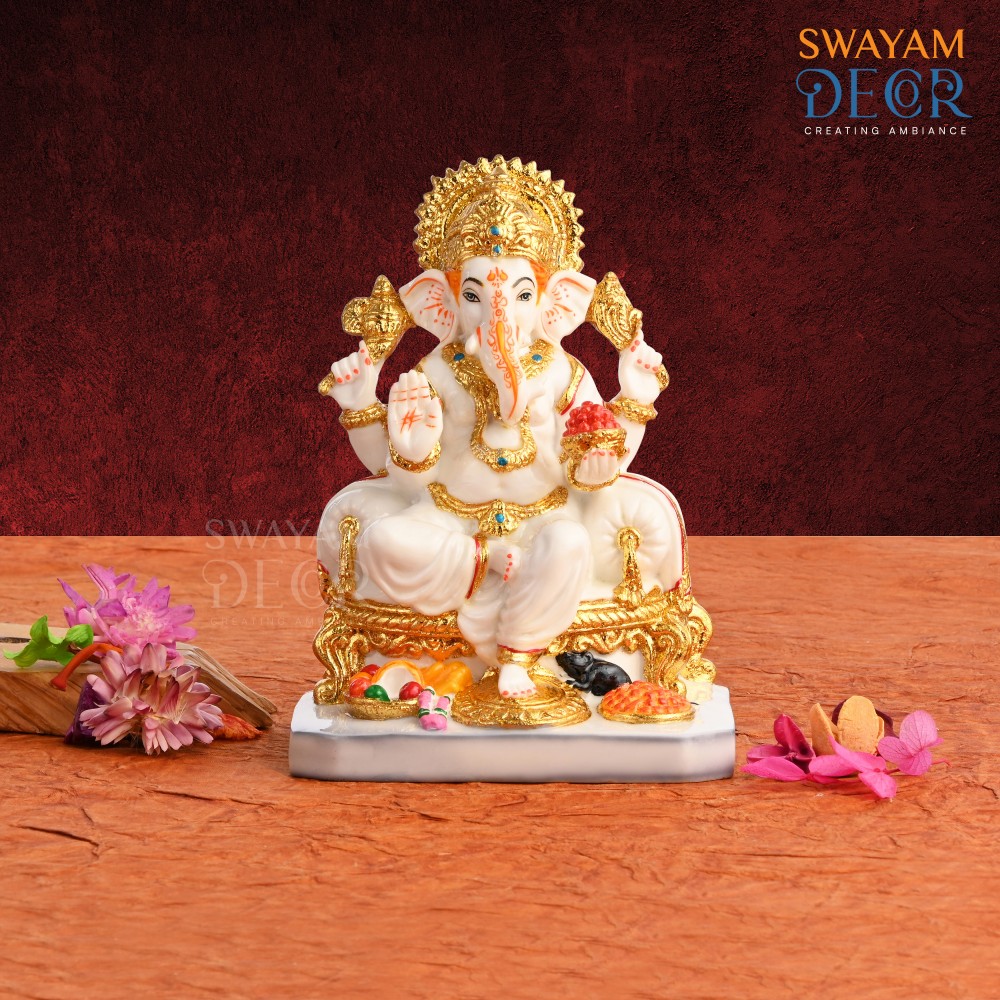 Elegant Gold Ganesh - White Polyresin with Varak Coating