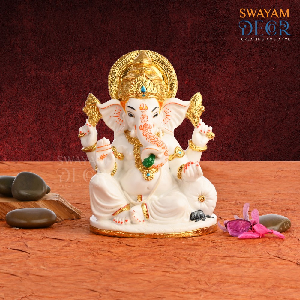 White Ganesh Idol - Varak Gold Coated with Gold Foil