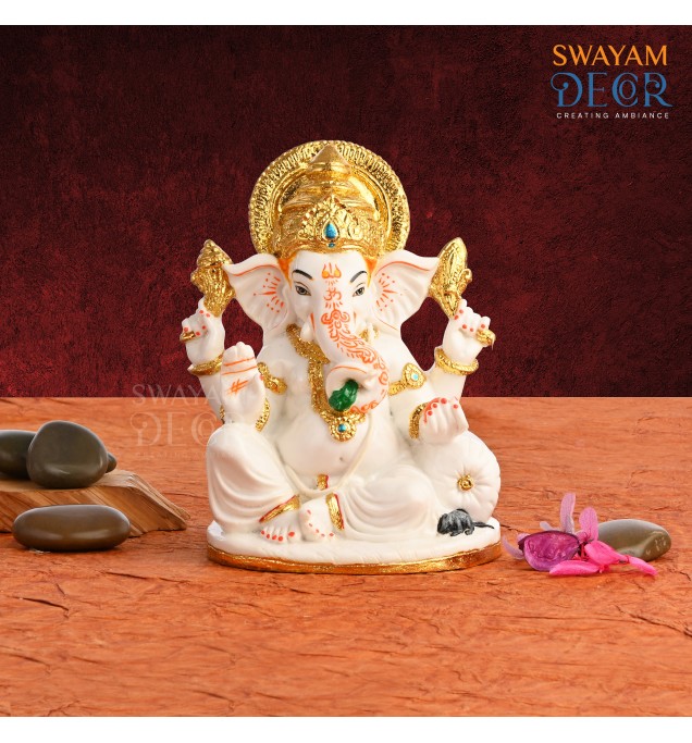 White Ganesh Idol - Varak Gold Coated with Gold Foil