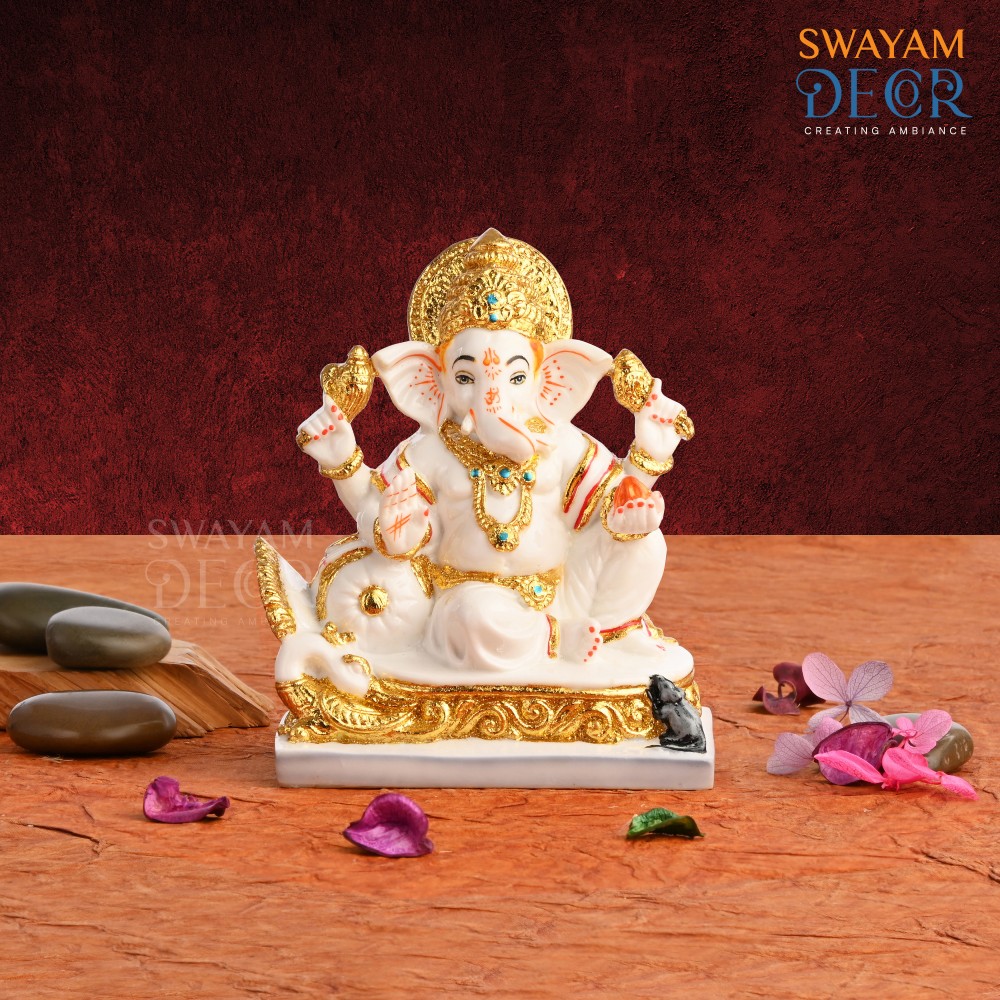 Divine Gold Ganesh - Imported Polyresin with White Finish